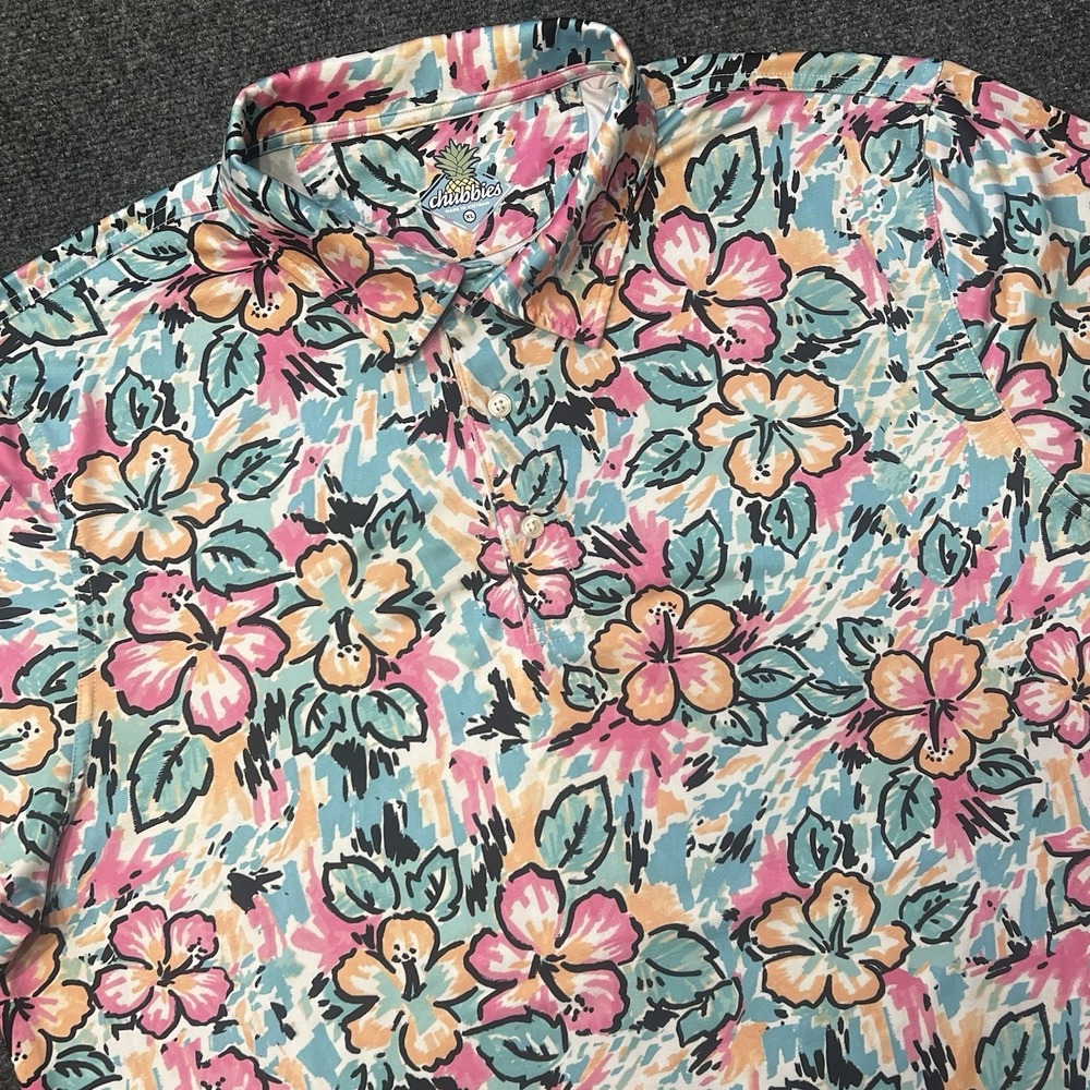 Chubbies Polo Shirt Mens XL Multicolor Floral Hawaiian Stretch Jersey Knit